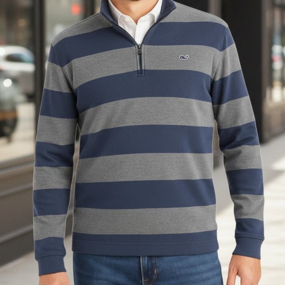 VINEYARD VINES Saltwater 1/4 Quarter Zip Sweater Men L Blue Gray Striped Cotton